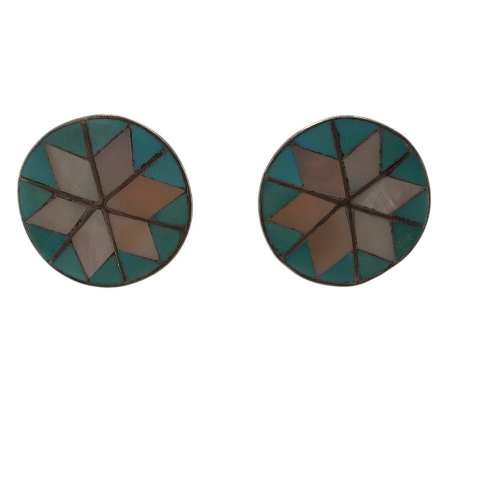 Vintage Zuni Sterling Silver Turquoise Mother of Pearl Star Inlay Clip Earrings